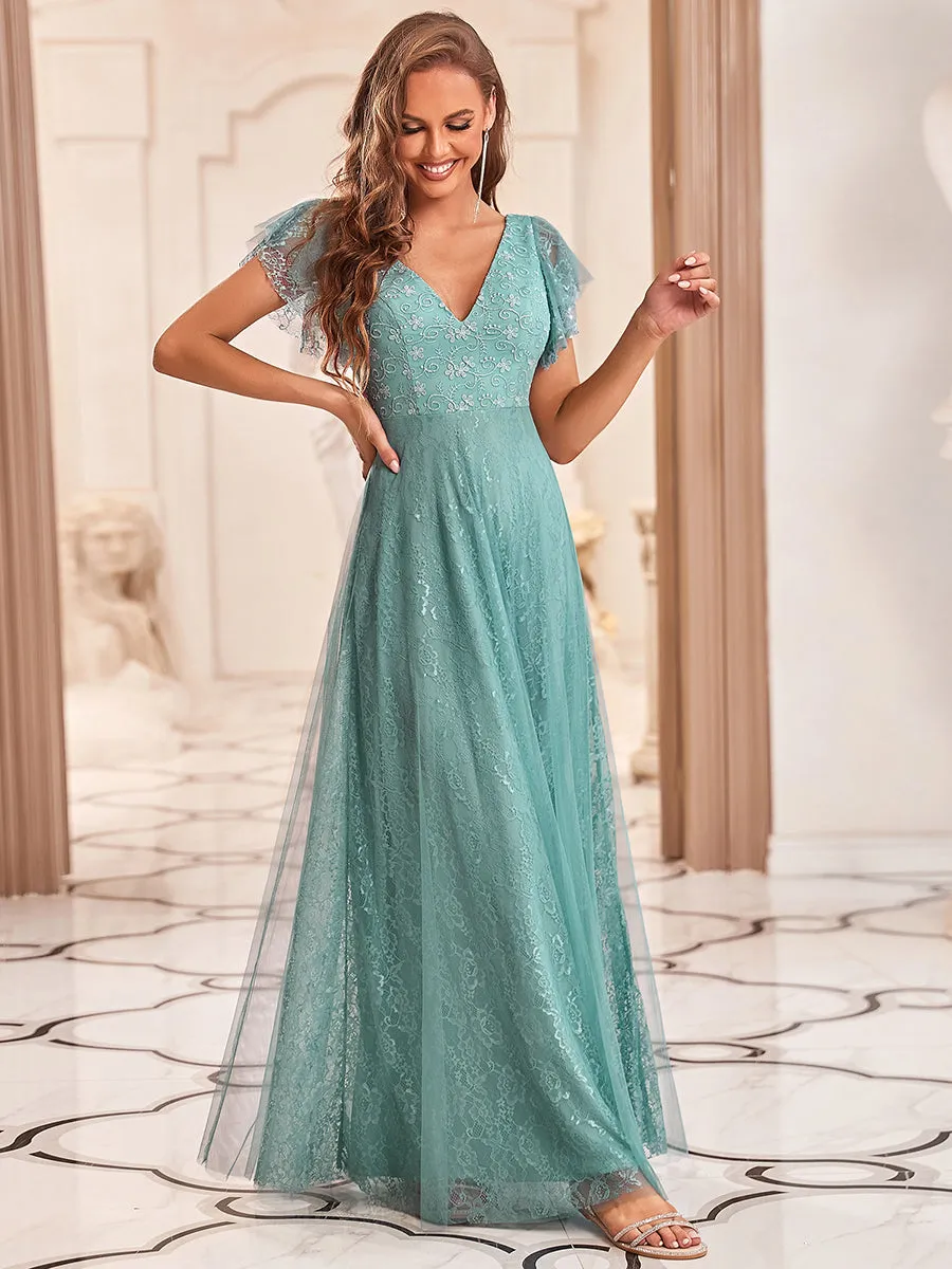 Ever-Pretty Double V-Neck Floor Length Wedding Dresses with Short Sleeve EP00857